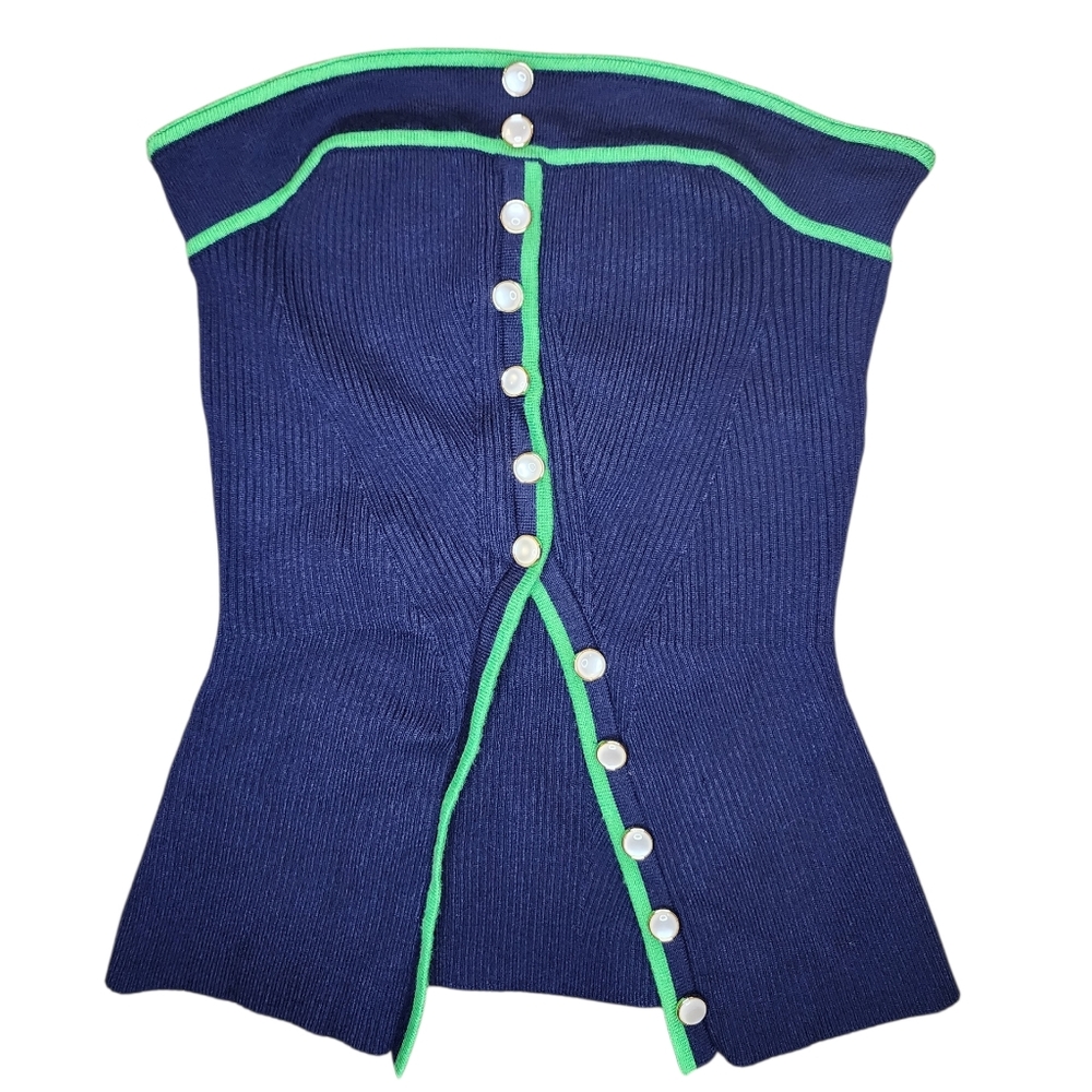 RICH & FAMOUS Navy Blue Neon Green Trim Knit Ribbed Peplum Strapless Top, size M